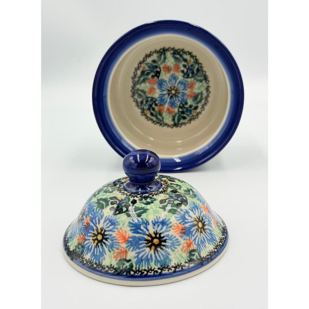 Unikat Polish Pottery E. Karbownik 6' Lidded Bowl Blue Wreath Jar - Picture 5 of 8